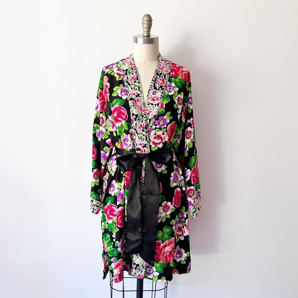 Victoria's Secret Robe Black Floral Gold Label Vintage Satin Tie Kimono OS